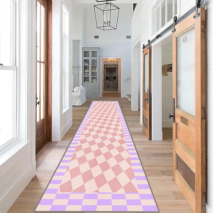 Pink Checkered Long Hallway Rug Runners, 3.3x10ft, Cute Girly Purple Geometric Design Bedroom Carpets for Girls, Fade Resistant Durable Pet Friendly Easy Clean Carpet for Indoor Porch