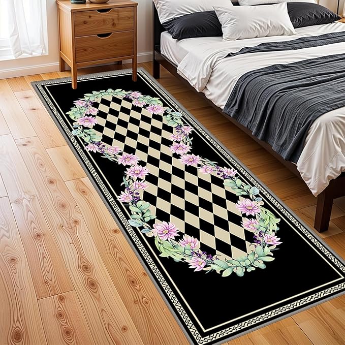 Vintage Farmhouse Checkered Hallway Carpet, 2x10ft, Elegant Floral Flower Checkerboard Indoor Throw Rugs, Absorbent Washable Foldable No Crease High Traffic Mat for Laundryroom Floor
