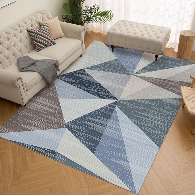 HOMFINE Washable Modern Area Rug - Geometric Style 8x10 Rugs for Living Room, Bedroom, Machine Washable Rug Soft Non Slip Non Shedding Area Rug - Blue, 8'x10'