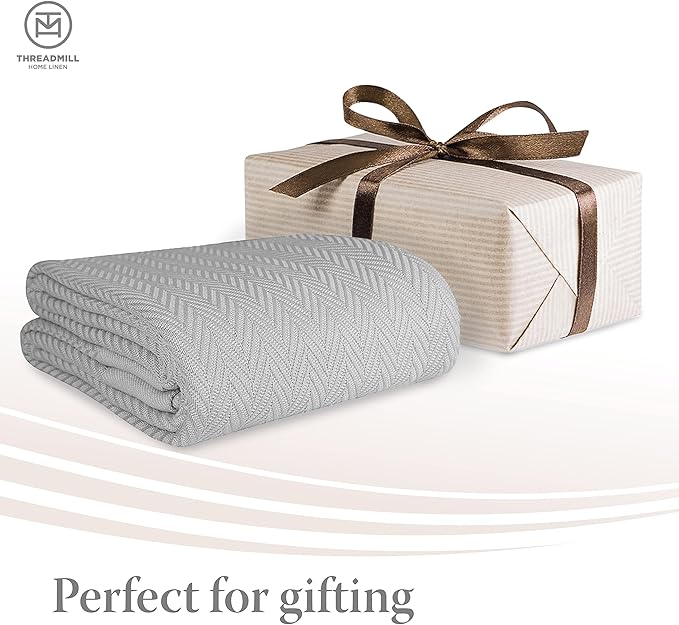 Threadmill Luxury Cotton Blankets for Twin Size Bed | All-Season 100% Cotton Twin Blanket for Bed | Herringbone Soft & Cozy Fall Thermal Blanket, 350GSM, 68x90 inches | Light Grey
