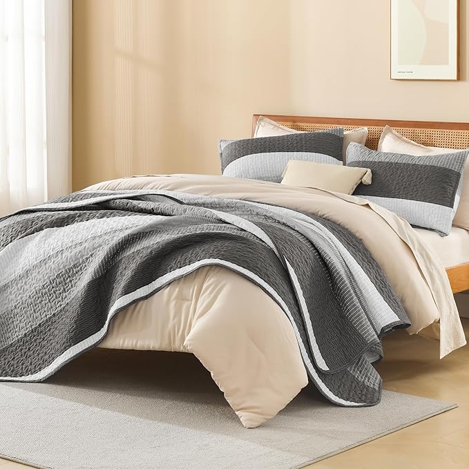 Litanika California King Quilt Set Dark Grey - Cal King Oversized Stripe Comforter Bedspreads & Coverlets - Soft Lightweight Quilted Bedding Set for All Season(1 Quilt, 2 Pillowcases)