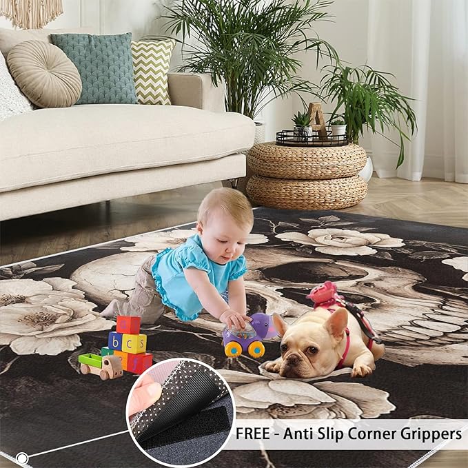 Skull Washable Rugs 6x8 Rug for Living Room, Floral 6x8 Rug Gothic Low-Pile Carpet for Bedroom Dining Non Slip Mat with Rubber Back