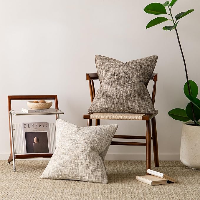 a moment Brown Reversible Pillow Covers 2 Pack - Farmhouse Chenille Throw Pillows, Neutral Textured Decorative Throw Pillow Covers with Border for Couch Sofa Bed (12x20 Inch, No Insert)