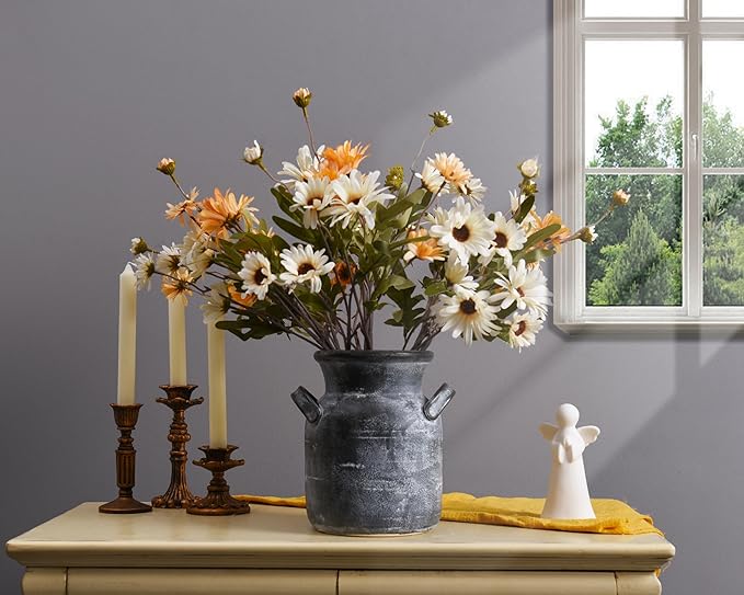 Quoowiit Ceramic Rustic Farmhouse Vase, Distressed Decorative Flower Vases for Home Decor, Ideal Shelf Decor, Grey Boho Vase for Living Room Bedroom Kitchen Office Centerpiece Table Decorations