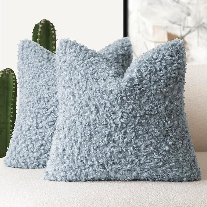 Foindtower 2 Pieces 18x18 Inch Misty Blue,Faux Fur Throw Pillow Cover Accent Sherpa Furry Pillow Covers Fuzzy Soft Pillowcases Cozy Sheepskin Decorative Fleece Cushion Case for Bed Couch Living Room