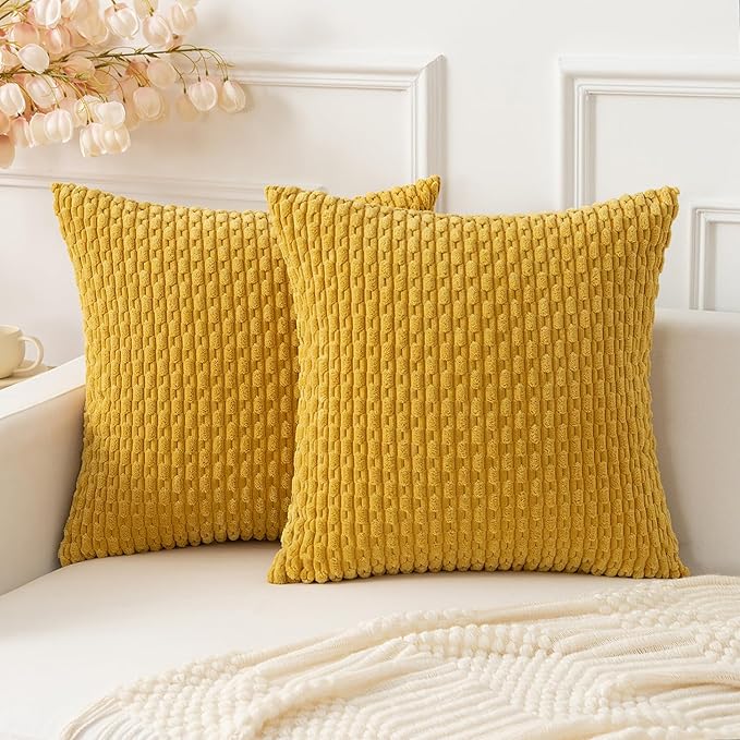 Kevin Textile Throw Pillow Covers Soft Corduroy Decorative Set of 2 Boho Striped Pillow Covers Pillowcases Farmhouse Home Decor for Couch Bed Sofa Living Room 18x18 Inch Mustard Yellow