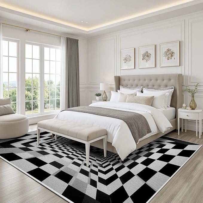 Optical Illusion Rug - Black and White Rug for Living Room, Soft Ultra Soft Faux Wool 6x8 Area Rugs Floor Mats, Non Slip&Non-Shedding Low Pile Checkered Washable Rugs, Abstract Geometric Carpet