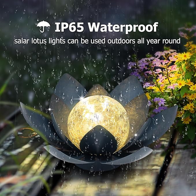 Huaxu Solar Lights Outdoor Garden Decor Crackle Glass Globe Lotus Flower Gray Metal Waterproof Light for Patio, Lawn, Walkway, Tabletop, Ground,Christmas Gifts for Mom,Women