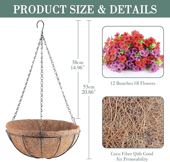 Artificial Flowers Hanging Plants in Basket,Artificial Hanging Flowers for Outdoor Indoor Decor,UV Resistant Hanging Baskets with Fake Flowers for Patio Garden Porch Deck Decoration