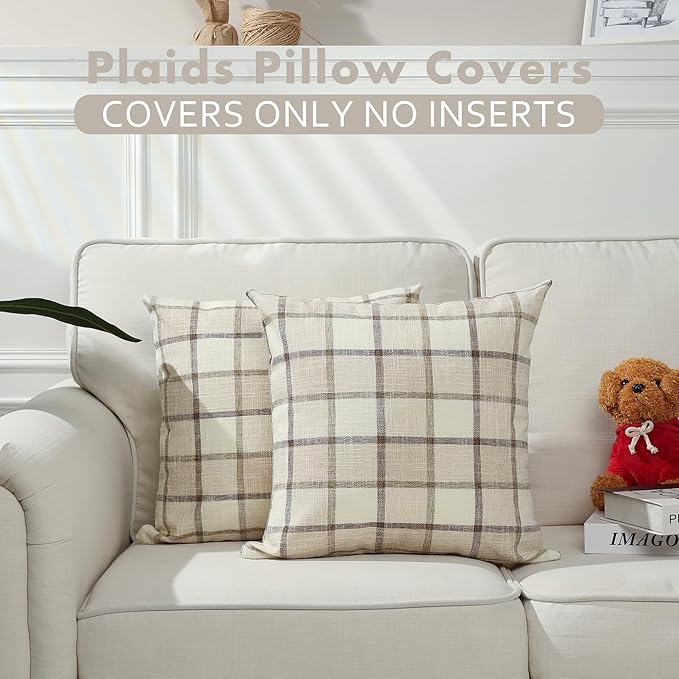 Stellhome Pack of 2 Faux Linen Buffalo Check Throw Pillow Covers, Farmhouse Plaid Decorative Cushion Covers for Couch Sofa Living Room, 26x26 Inch, Beige