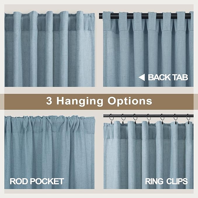 Pitalk Stone Blue Linen Blend Sheer Curtains Back Tab 52 Width by 90 Length Set of 2 Panels Rod Pocket Drapes for Living Room Family Sitting Room Sunroom Cottage Core Decor Blue Curtains for Boys Room