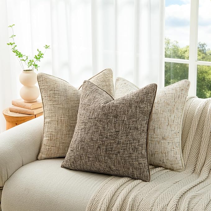 a moment Brown Reversible Pillow Covers 2 Pack - Farmhouse Chenille Throw Pillows, Neutral Textured Decorative Throw Pillow Covers with Border for Couch Sofa Bed (18x18 Inch, No Insert)
