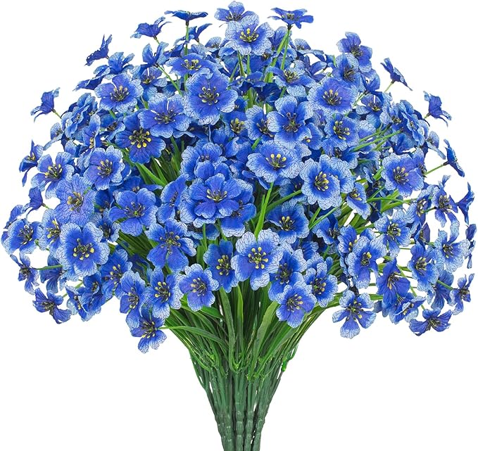 Outdoor Artificial Flowers 21 UV Resistant Bundles Fake Flower Plastic Plants Faux Silk Flowers Porch Hanging Garden Porch Window Box Decorating (Blue)