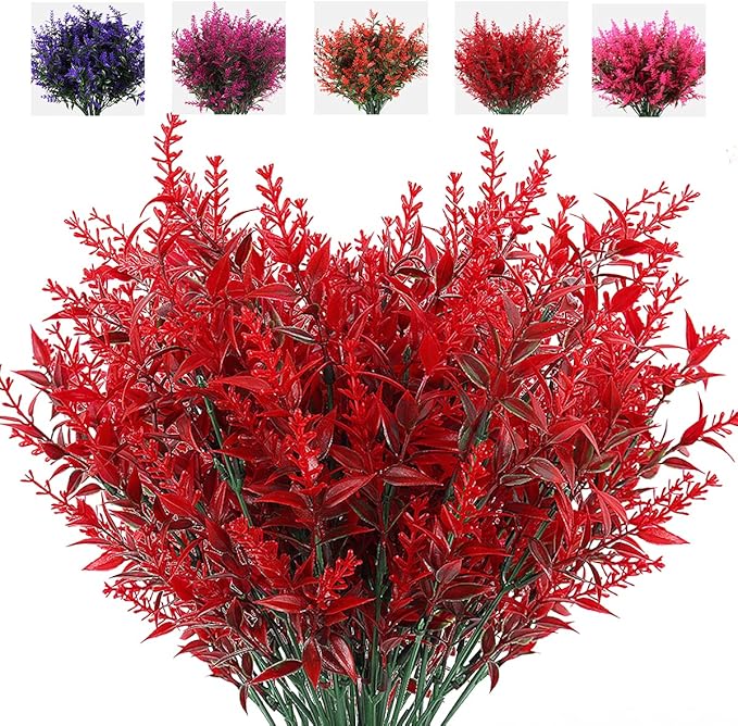 RECUTMS Artificial Outdoor Flowers, 8pcs Faux Outdoor Plant Plastic Lavender Bouquet,UV Resistant Flowers,Spring Decor,Lifelike Natural Fake Plant to Brighten Up Your Home (Red)