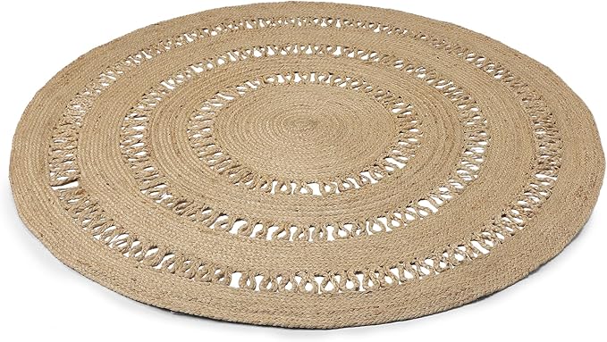 REDEARTH · Round Area Rug - 6 Feet Braided Scalloped Earthy Trails Jute Rug- Artisan Made Boho Jute Patterned Rugs for Bedroom, Kitchen, Living Room, Farmhouse, Aesthetic, Handmade Vintage Décor