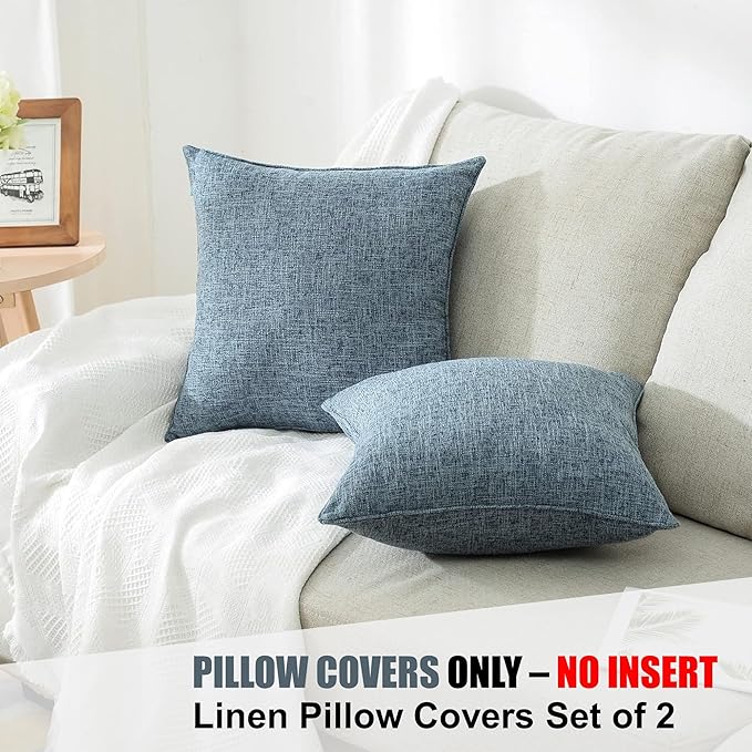 HPUK Linen Throw Pillow Covers Pack of 2, 18x18 Inch Accent Cushion Covers for Living Room, Bedroom, Decorative Solid Color Pillow Covers for Couch, Sofa, Chair, Blue