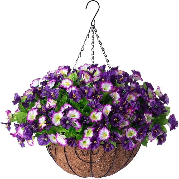 Artificial Hanging Flowers 12 inch Basket, Faux Silk Petunias Flower Arrangement,Coconut Lining Pot Planter with Morning Glories Patio Garden Porch Deck Spring Summer Decor(Purple Edge)