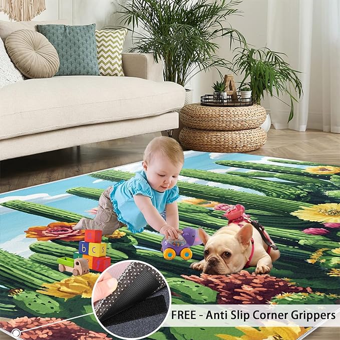 Cactus Living Room Rugs, Desert Oasis Area Rugs 6x8 Rug Succulents Non-Slip Washable Rugs Stain Resistant Rug Low-Pile Throw Rug for Bedroom Dining Room Office