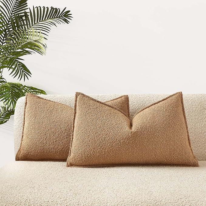 JUSPURBET 14x24 Pillow Covers Set of 2 Decorative Throw Pillow Covers Case for Couch Sofa Bed Soft Boucle Textured Lumbar Cushion Covers with Hidden Zipper for Home Decor Living Room,Camel