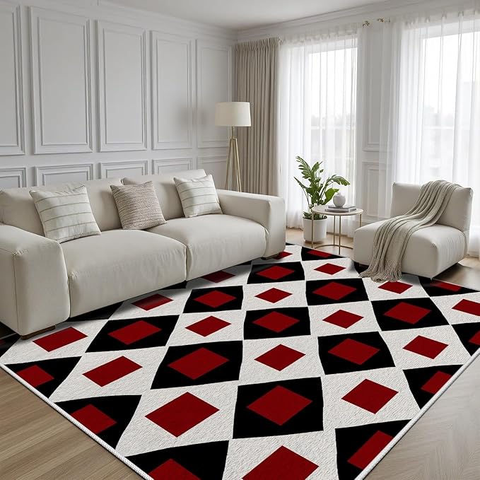 Plaid Rug 6x9, Vintage Geometric Soft Ultra Soft Faux Wool Low Pile Rug, Indoor Floor Mats Carpet, Non-Slip Stain Resistant Washable Rugs, Modern Red Rugs for Living Room Home Office Decor