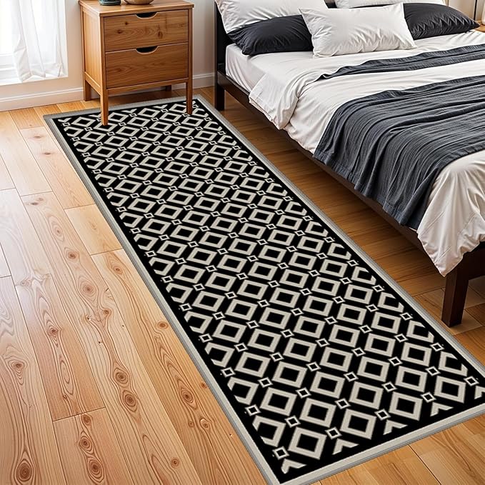Moroccan Trellis Bedroom Area Carpets, 2x10ft, Modern Checkered Washable Hallway Runner Rugs, with Non Slip Backing Durable Cozy Low Pile Rug for Kitchen Bath Room Laundryroom