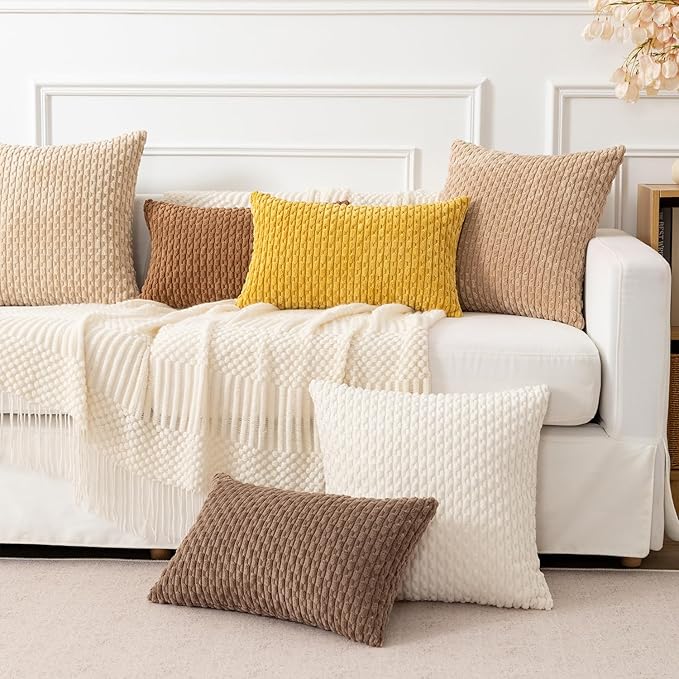 Kevin Textile Throw Pillow Covers Soft Corduroy Decorative Set of 2 Boho Striped Pillow Covers Pillowcases Farmhouse Home Decor for Couch Bed Sofa Living Room 16x16 Inch Mustard Yellow