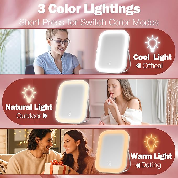 ROLOVE Rechargeable Makeup Mirror, 6x8 Inch Portable Vanity Mirror with Lights, 3-Color Dimmable LED Lighting, Tabletop Mirror, Travel Essentials