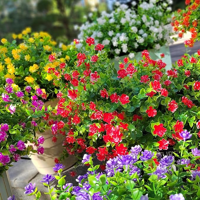 12 Bundles Artificial Flowers for Outdoors, UV Resistant Fake Flowers with Plastic Plants, Faux Flowers for Outside Window Box Front Porch Hanging Planter Decor (Red)