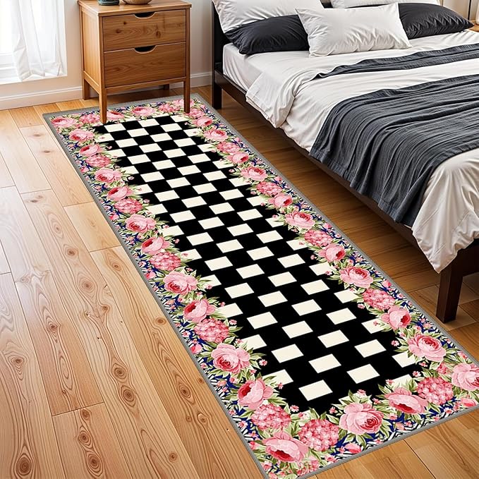 Checkered Floral Design Runner Rug for Entryway, 2.6x7ft, Pink Rose Luxury Fall Decor Area Carpets for Bedroom, Absorbent Machine Washable Shed Resistant Non-Slip Throw Rugs for Entry