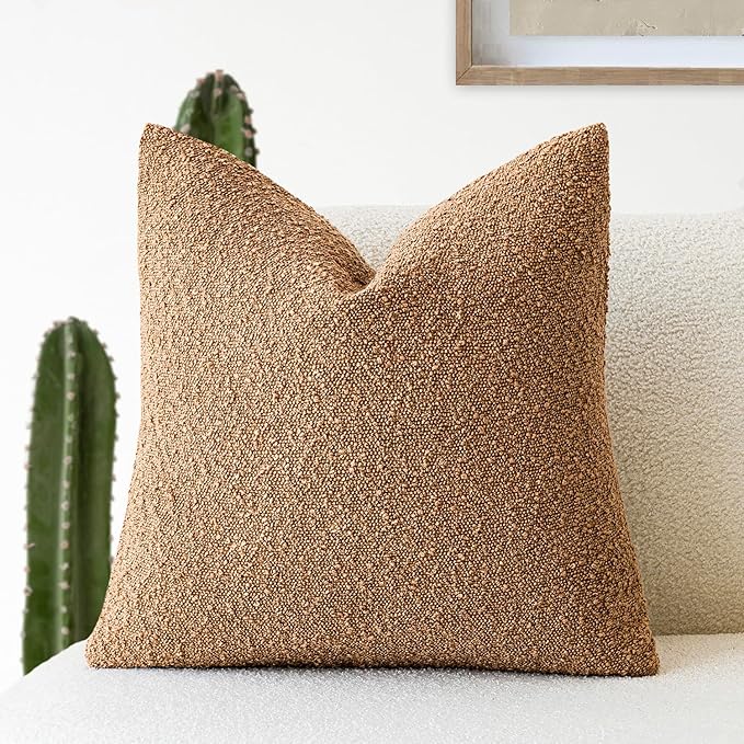 Foindtower Decorative Textured Boucle Throw Pillow Covers Accent Solid Pillow Cases Neutral Soft Cozy Couch Cushion Case for Chair Sofa Bedroom Living Room Home Decor 16x16 Inch,1PC,Tobacco