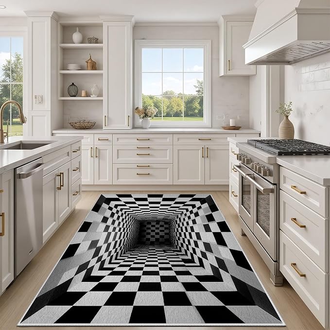 Optical Illusion Rug - Black and White Rug for Living Room, Soft Ultra Soft Faux Wool 2x3 Area Rugs Floor Mats, Non Slip&Non-Shedding Low Pile Checkered Washable Rugs, Abstract Geometric Carpet