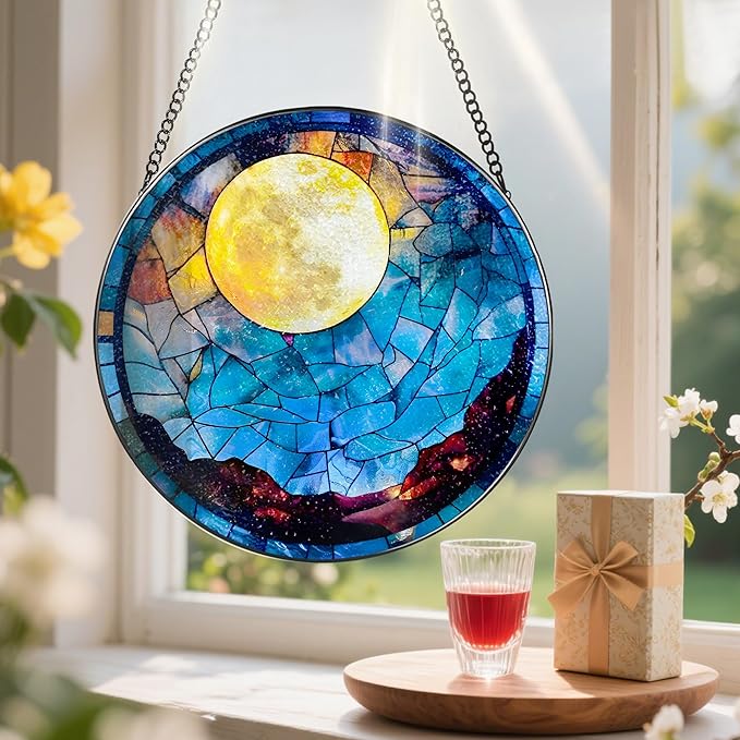 Stained Glass Window Hanging - 8 Inch Full Moon Suncatcher for Window Doors Home Decoration, Valentine's Day Mother's Day Christmas Birthday Gifts for Women, Men, and Mom Grandma