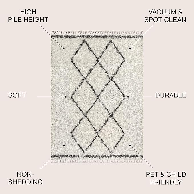 JONATHAN Y Mercer Shag Plush Tassel Cream/Gray Indoor Area Rug, 8x10, Moroccan Geometric Trellis, Bohemian, Easy-Cleaning for Living Room, Bedroom, Kitchen, Pet Friendly, Non-Shedding (MCR103B-8)