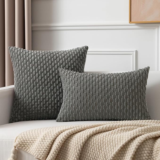 Kevin Textile Corduroy Striped Soft Soild Decorative Square Throw Pillow Covers Set Cushion Cases Pillowcases for Sofa Bedroom 2 Pcs 24x24 Inch Dark Grey