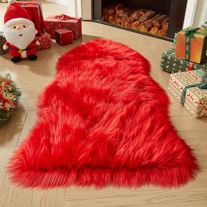 AMTOVO Faux Fur Rug, Red Area Rug, Fluffy Sheepskin Rug, Fuzzy Ultra Soft 2 x 4 ft Shag Rugs for Bedroom Sofa Throw Cushion Room Decor, Sheepskin
