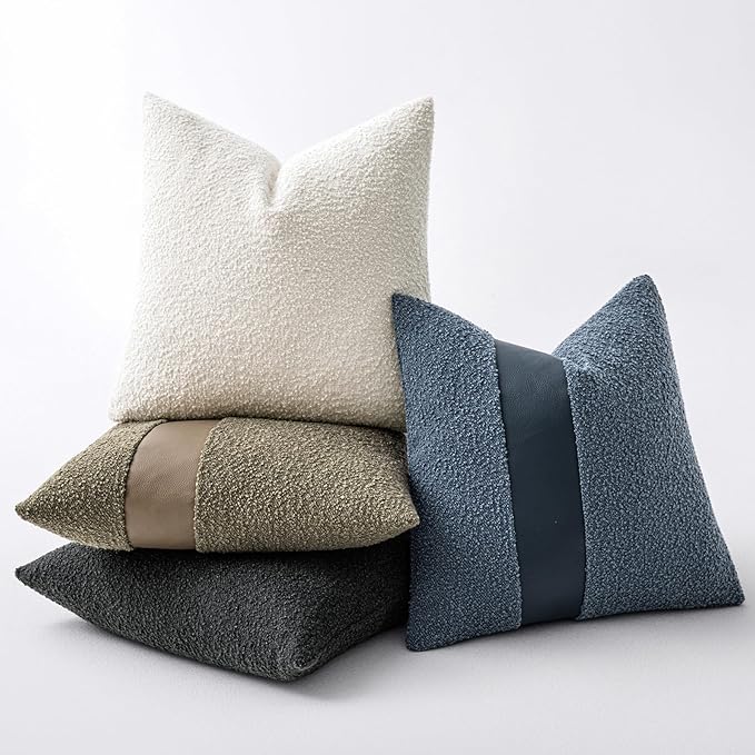 18"x18" White Boucle Throw Pillow Covers with Faux Leather Accents Set of 2 Fluffy Textured Decorative Pillow Cases for Couch Bed Boho Farmhouse Square Cushion Covers for Nordic Home Décor
