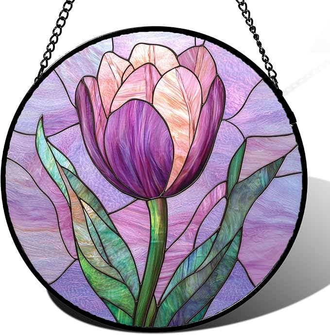 DASTOLL Stained Glass Window Hanging Purple Tulips Flower Large 15" - Suncatcher Door Garden Sun Catcher Home Decor Birthday Mother's Day for Mom Men Woman Parents Her Nana Friend