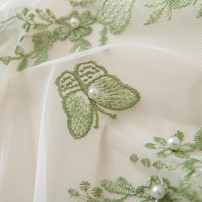 VISIONTEX White Sheer Voile Curtains, Decorative Green Embossed Butterflies Rod Pocket Window Drapes for Home Kitchen, Living Room and Bedroom 54 x 63 Inch, Set of 2 Curtain Panels