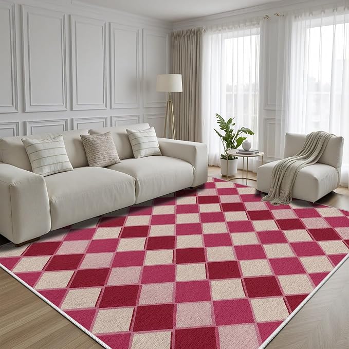 Plaid Rug, Soft Ultra Soft Faux Wool Rhombus Geometric Rugs, Indoor Floor Mats Carpet, Non Slip&Non-Shedding Low Pile Washable Rugs, Modern Red 8x10 Area Rug for Bedroom Home Decor