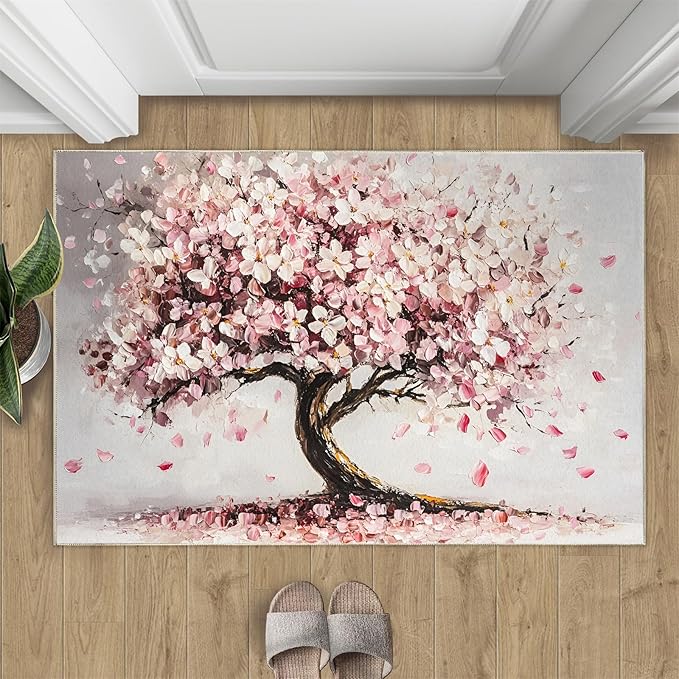 Graffiti Tree Washable Rugs 5x7 Rug for Living Room, Pink Petals 5x7 Rug Oil Painting Art Low-Pile Carpet for Bedroom Dining Non Slip Mat with Rubber Back