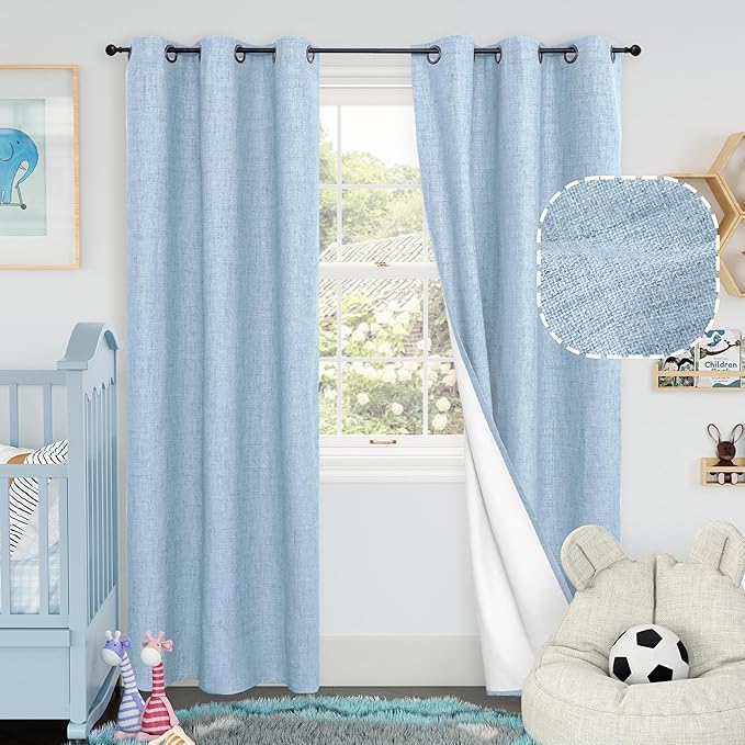 Baby Blue Linen Blackout Curtains for Nursery 80 Inch Length 2 Panels Set, Thermal Insulated Boho Total Black Out Noise Reducing Bonzer Grommets Window Curtains for Kids Bedroom, Each 38 Inch Wide
