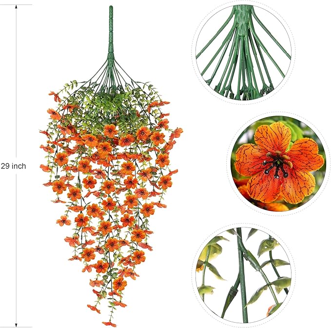 Fake Mums Artificial Hanging Flowers for Outdoor Fall Decoration, 2 PCS Silk Daisy Flower Realistic Faux Plants UV Resistant for Porch Patio Window Yard Outside Autumn Decor(Orange)