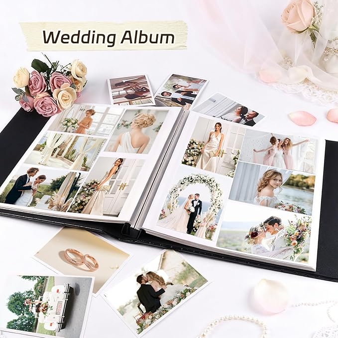 RECUTMS Scrapbook Photo Album 60 Pages Handmade DIY 4x6 5x7 8x10 Photos of Any Size, Button Grain Leather Cover of Wedding Self Adhesive Photo Album Baby Picture Book Family Scrapbook Picture Album