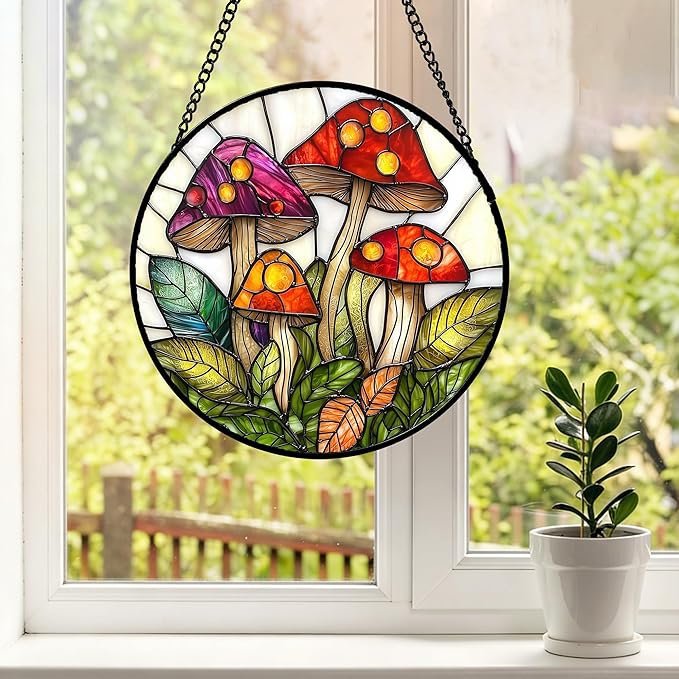DASTOLL Stained Glass Window Hanging, Mushroom Leaves Suncatcher for Doors Home Sun Catchers Decoration and Christmas, Mother's Day Birthday Gifts for Women, Men, and Mom 9.8 in