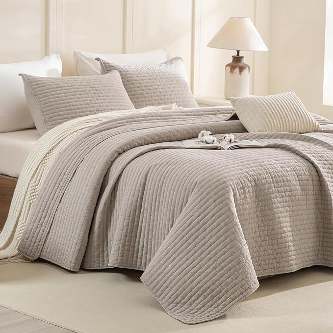Sanracie Stonewashed Cotton Coverlet Oversized King(118"x106"), Linen Colored Ultra Soft Crinkle California King Quilt Bedding Set Lightweight Cross Stitch Bedspread Set 3Pcs for All Season
