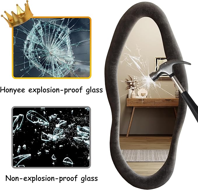 Honyee 55" x 24" Wavy Mirror, Flannel Wrapped Wooden Frame, Irregular Hanging for Cloakroom/Bedroom/Living Room, Black
