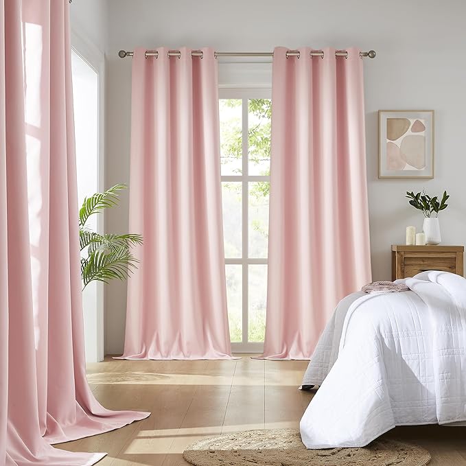 DUALIFE Pink Curtains for Bedroom 72 Inch Length Room Darkening Curtain for Girls Room Decoration Baby Pink Thermal Insulated Blackout Window Drape 52''x72'' Set of 2 Panels Grommet Top