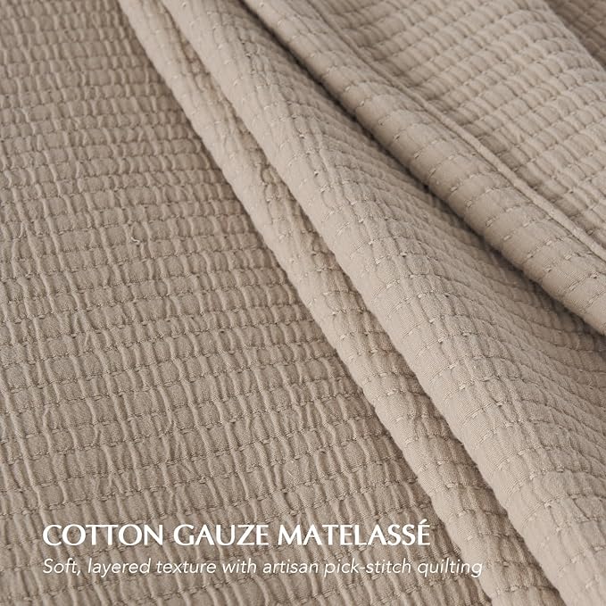 EVERGRACEHOME Cotton Gauze Full Queen Bedspread, Ultra Soft Prewashed Pick Stitch Matelassé Coverlet, Lightweight Textured Oversized Queen Quilt Bedding Set for All Season, with 2 Shams, Tan