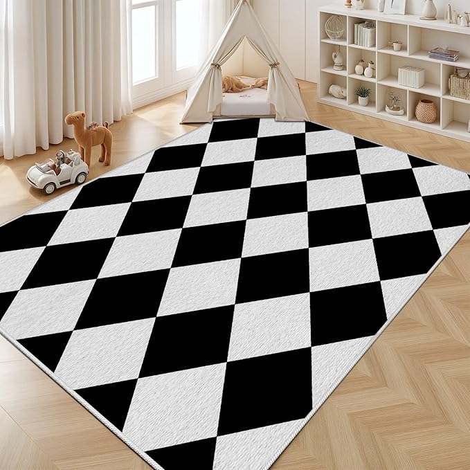 Checkered Rug, Black White Rug, Washable Rugs 4x6, Geometric Rhombus Plaid Area Rugs, Grid Gingham Carpet for Living Room Non Slip Home Decor