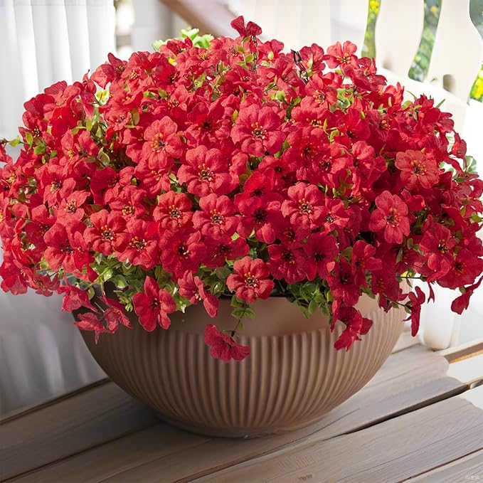 Hananona 24 Pcs Artficial Outdoor Flowers with Hanging Baskets, 2 Pack Hanging Planter with Red Outdoor Spring Flowers for Christmas Porch Home Patio Yard Decor (2, Red)